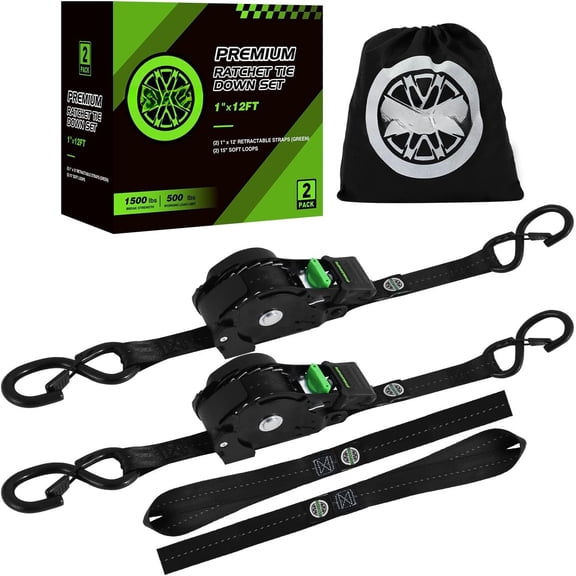 Retractable Ratchet Straps(2PK) - 1,500lb Break Strength, Ratchet Straps with Soft Loop Tie Downs, Ratchet Strap for , Kayak and (Black)