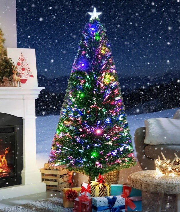 6ft Prelit Fiber Optic Christmas Tree Multi-Color LED Lights Metal Stand Indoor Decor