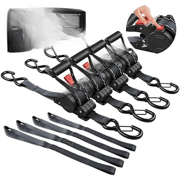 Retractable Ratchet Straps 4 Pack,Heavy Duty 1in x 12 Feet-1500lb Break Strength Tie Down Straps,Auto Self Retracting with Safety S Hooks,Push Button for Trucks,Cargo,ATV,Motorcycle