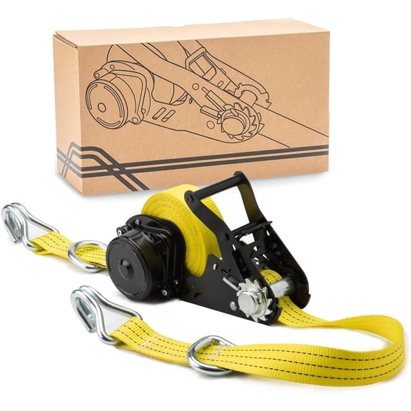 Retractable Ratchet Tie-Down Strap - 1.5 in x 20 ft Heavy-Duty Strap with Double-J Hooks, D Rings, -Free Webbing, 6,600lbs Breaking Strength and 2,200lbs Working Load Limit (1 PC)