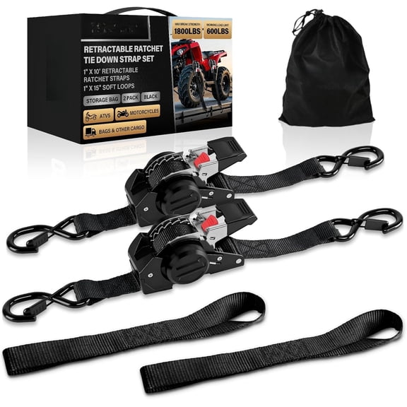 Retractable Ratchet Tie Down Straps - 1 Inch x 10 (1800 LB Break Strength) Self Retracting Ratchet Straps, for /ATV//Cargo/Household(Black/2 )