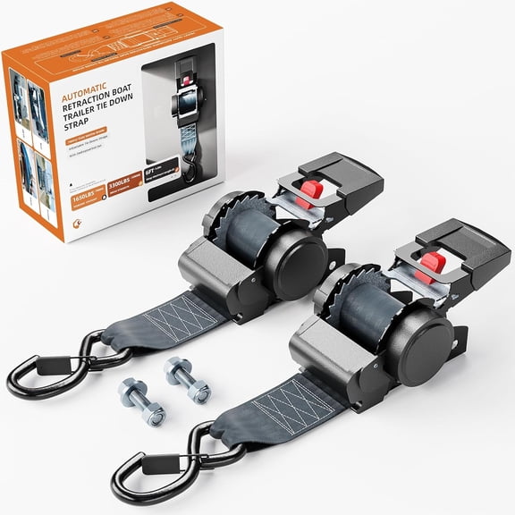 Retractable Ratchet Tie Down Straps for Boat Trailer, Jetski  Heavy Duty 3300lbs Break Strength with Transom Bolt-On, 2 x 72 Inch, 2-Pack