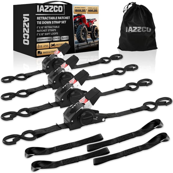 Retractable Ratchet Tie Down Straps - 1 Inch x 10 Feet (1800 LB Break Strength) Heavy Duty Self Retracting Ratchet Straps, for Trucks/ATV/Motorcycle/Cargo/HouseholdBlack/4 Pack