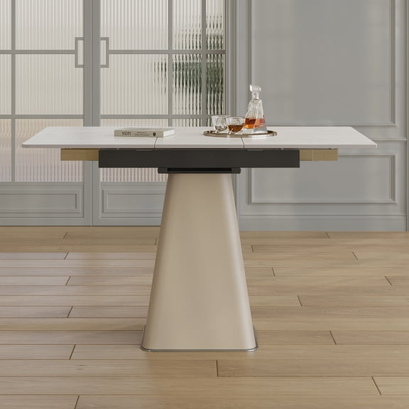 Retractable Rock Slab Square Expandable Dining Table with Leather-Wrapped Base