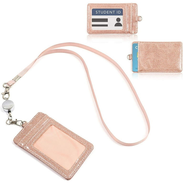 Retractable ID Badge Holder with Lanyard, 2 Card Slots, Rose Gold Glitter PU Leather, 4.9 x 2.75