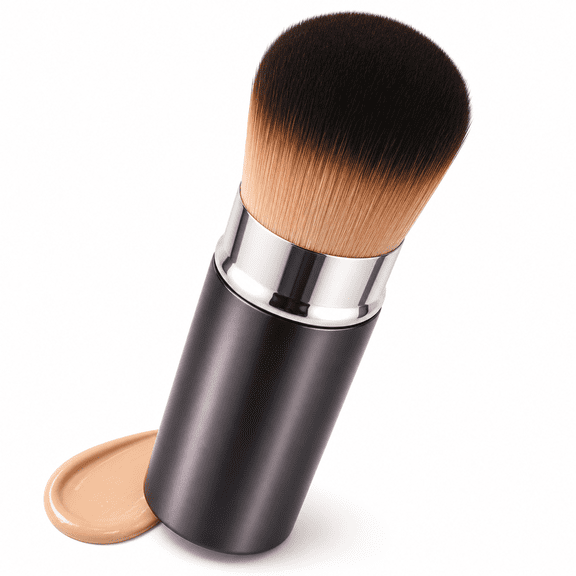 Retractable Round Kabuki Brush for Foundation, Blush, and Bronzer, Dense Travel Makeup Brush for Liquid and Cream, Soft Buffing and Blending Tool for Full Coverage
