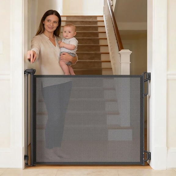 Retractable Safety Baby Gate or Mesh Dog Gate,Durable Portable Mesh Retractable Gate,Easy to Use for Stairs, Doorways, Hallways, Indoor, Outdoor, 33.5" Tall, Up to 45" Wide, Black