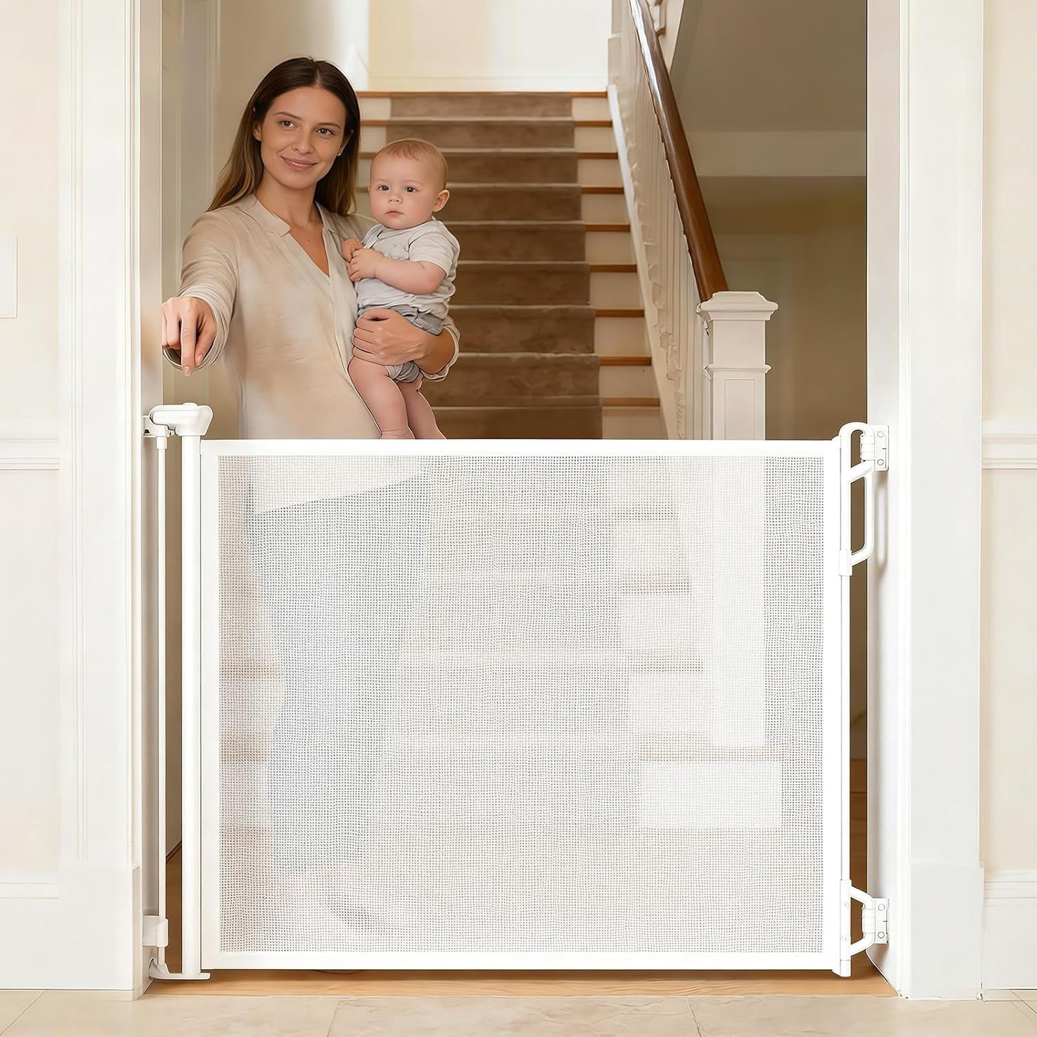 Retractable Safety Baby Gate or Mesh Dog Gate,Durable Portable Mesh Retractable Gate,Easy to Use for Stairs, Doorways, Hallways, Indoor, Outdoor, 33.5" Tall, Up to 45" Wide, White