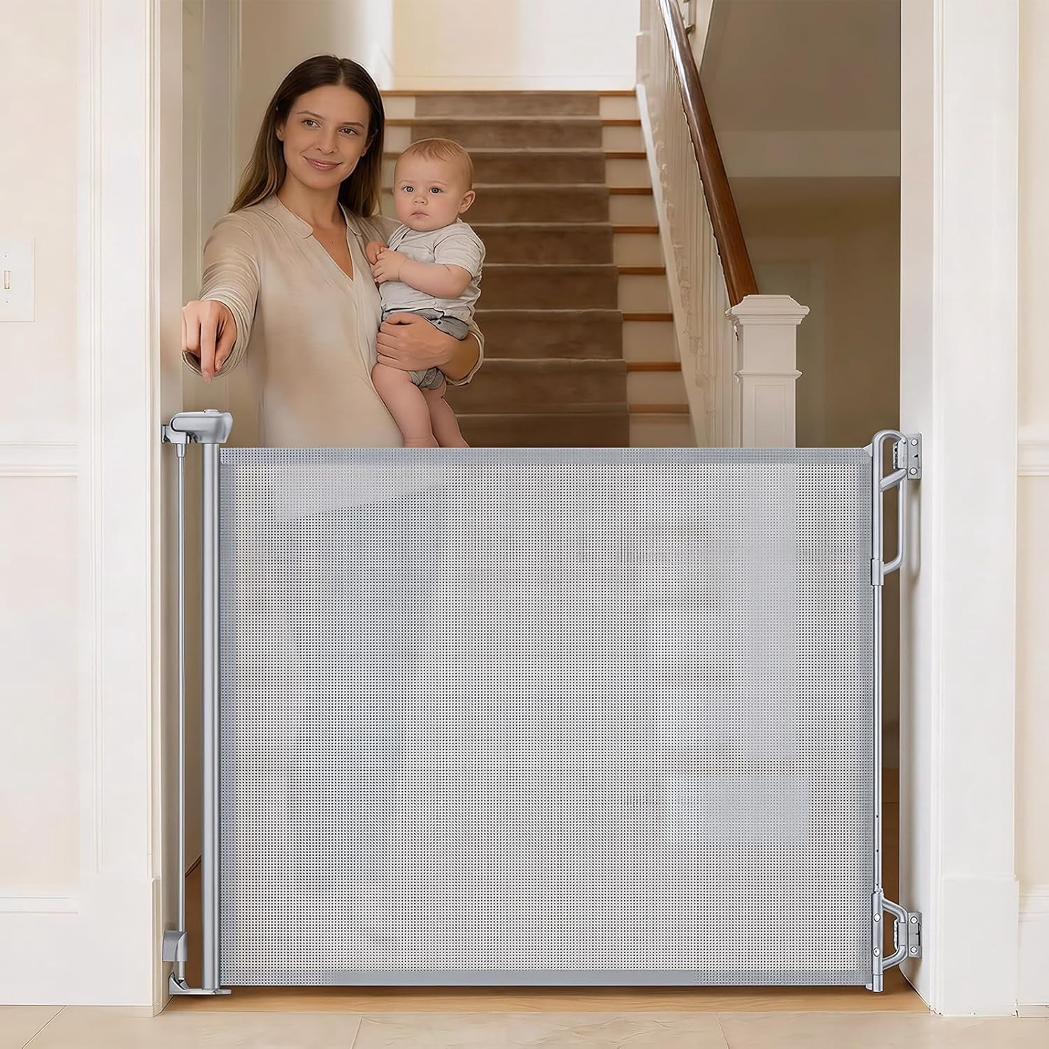 Retractable Safety Baby Gate or Mesh Dog Gate,Durable Portable Mesh Retractable Gate,Easy to Use for Stairs, Doorways, Hallways, Indoor, Outdoor, 33.5" Tall, Up to 55" Wide, Cream