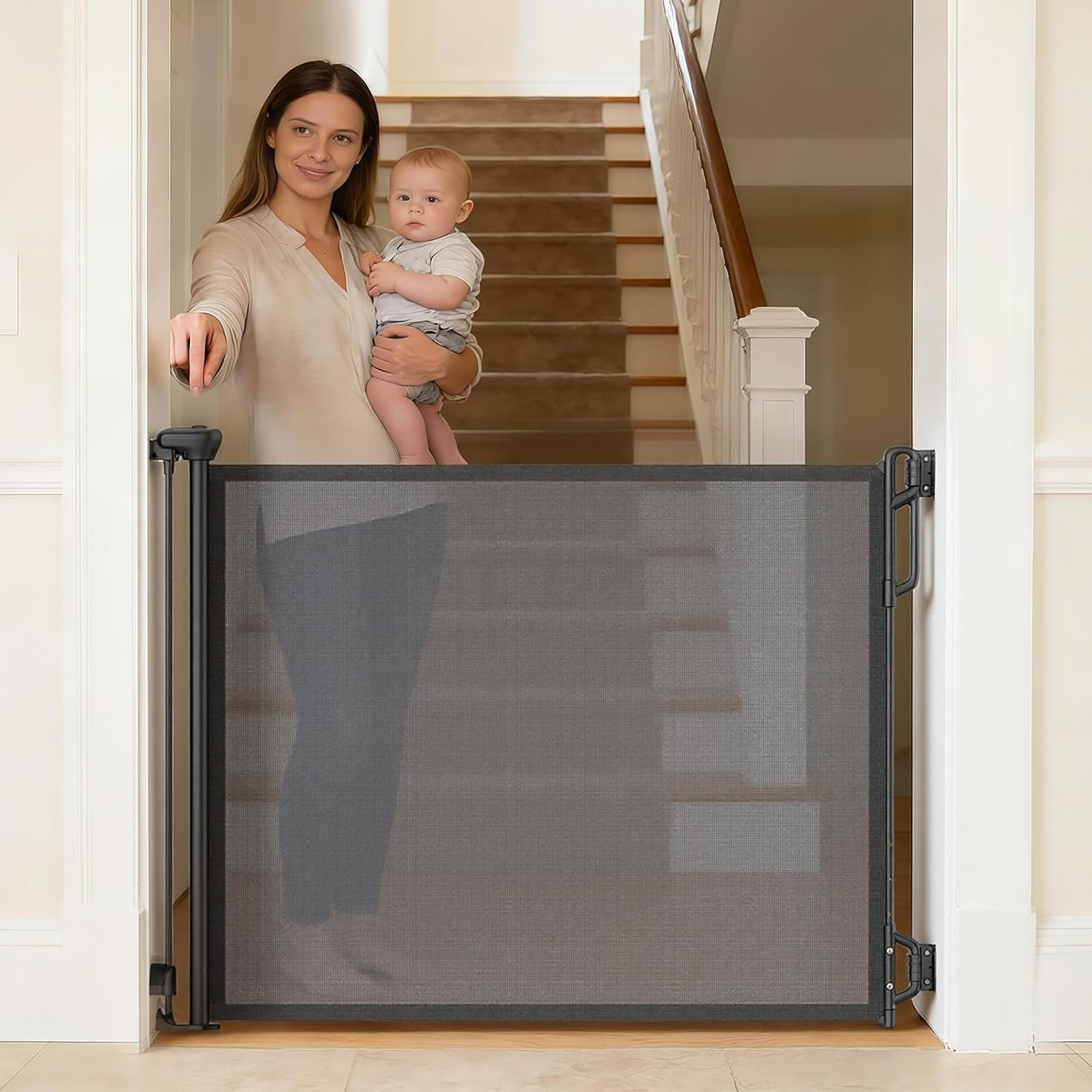 Retractable Safety Baby Gate or Mesh Dog Gate,Durable Portable Mesh Retractable Gate,Easy to Use for Stairs, Doorways, Hallways, Indoor, Outdoor, 33.5" Tall, Up to 55" Wide, Cream