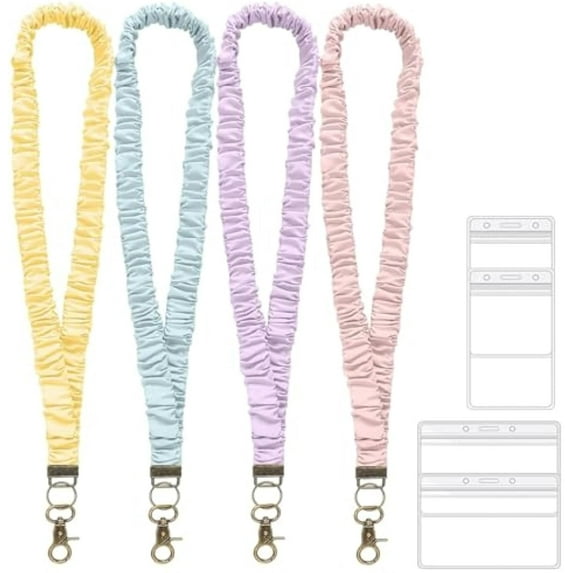 Retractable Scrunchie Lanyard Set, 4 Stretchy Scrunchie Style Neck Lanyards with 4 Waterproof ID Card Holders(style A)
