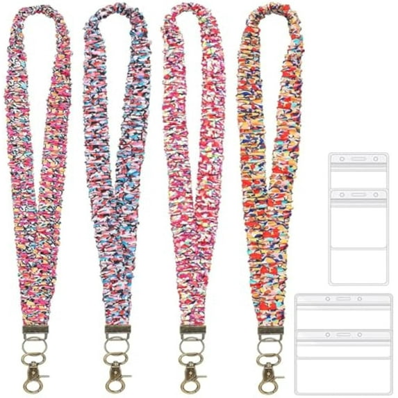 Retractable Scrunchie Lanyard Set, 4 Stretchy Scrunchie Style Neck Lanyards with 4 Waterproof ID Card Holders(style E)