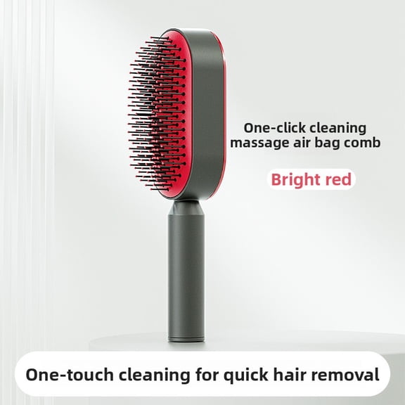 Retractable Self-Cleaning Cushion Brush, 3D Push Button Hair Brush with Elastic Airbag, Detangling Scalp Massage Comb for Thick Coarse Hair, White Red