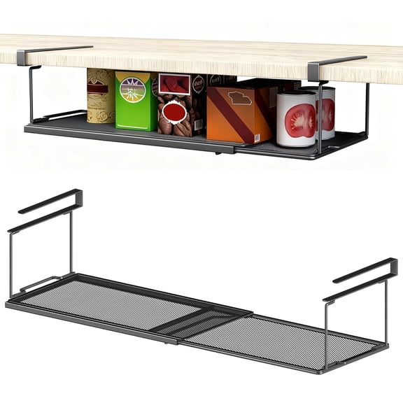 Retractable Under Shelf Basket Storage, Black Metal Under Cabinet Organizer, Under Shelf Hanging Rack for Kitchen Space Saving, Expandable Shelf for Pantry