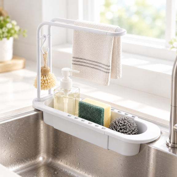 Retractable Sink Drain Basket, Adjustable Plastic Kitchen Sink Organizer for Sponges Utensils Produce and Cleaning Supplies, Over Sink Storage Basket, 1PC