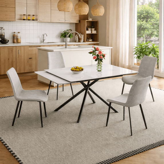 Retractable Sintered Stone Dining Table Set,It features a modern rectangular design, with black carbon steel table legs and a cross-leg structure at the bottom(Table + 4 Chairs)