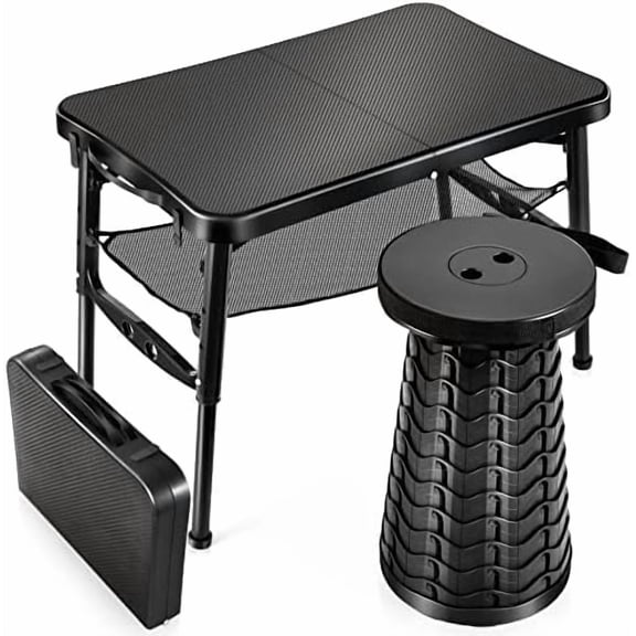 Retractable Small Folding Table and Stool Set, Portable Camping Foldable Table Lightweight Yet More Sturdy with Adjustable Stool for Outdoor Picnic, Beach, Camp, Also Ideal as Laptop Bed Desk