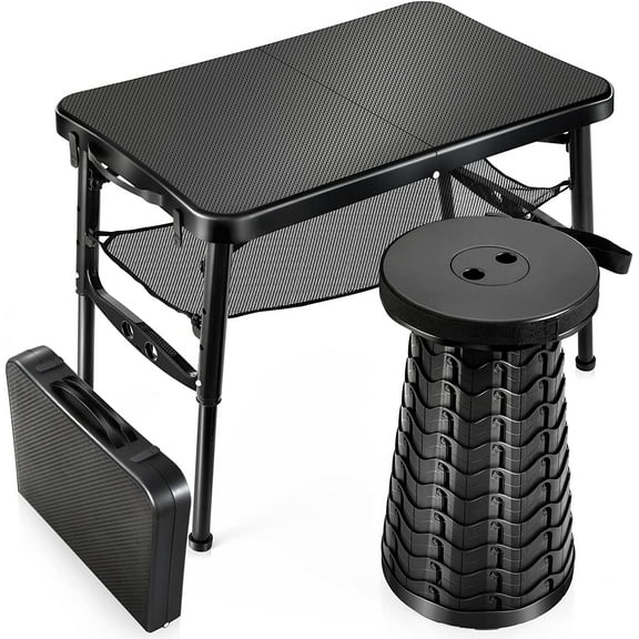 Retractable Small Folding Table and Stool Set, Portable Camping Foldable Table Lightweight Yet More Sturdy with Adjustable Stool for Outdoor Picnic, Beach, Camp, Also Ideal as Laptop Bed Desk