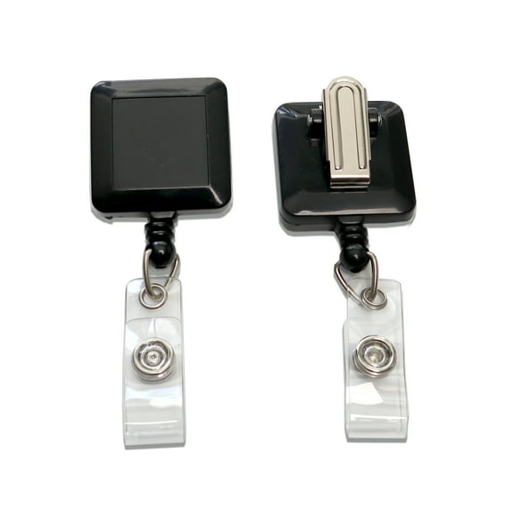 Retractable Square ID Badge Reel with Strong Pinch Clip (Non-Swivel) - Heavy Duty Nylon Cord with Clear Vinyl Strap Holder for Hole Punched Access Card or Key Chain Ring by Specialist ID (Black)