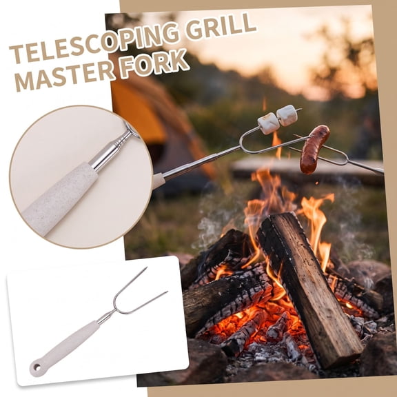 Retractable Stainless BBQ Double Prongs Grilling Tool, Outdoor Barbecue Fork for Meat Vegetables, Extendable Handle, 1 Pack