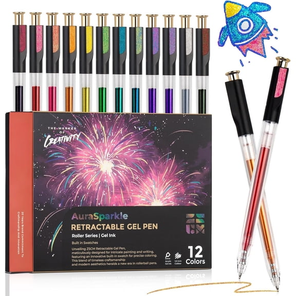 Retractable Super Glitter Gel Pens, 12 Colors Large Capacity Metallic Sparkle Gel Ink Pens, 1 mm Fine Point Smooth Writing Color Pen for Adult Coloring Book Note Taking Aesthetic Art Supplies