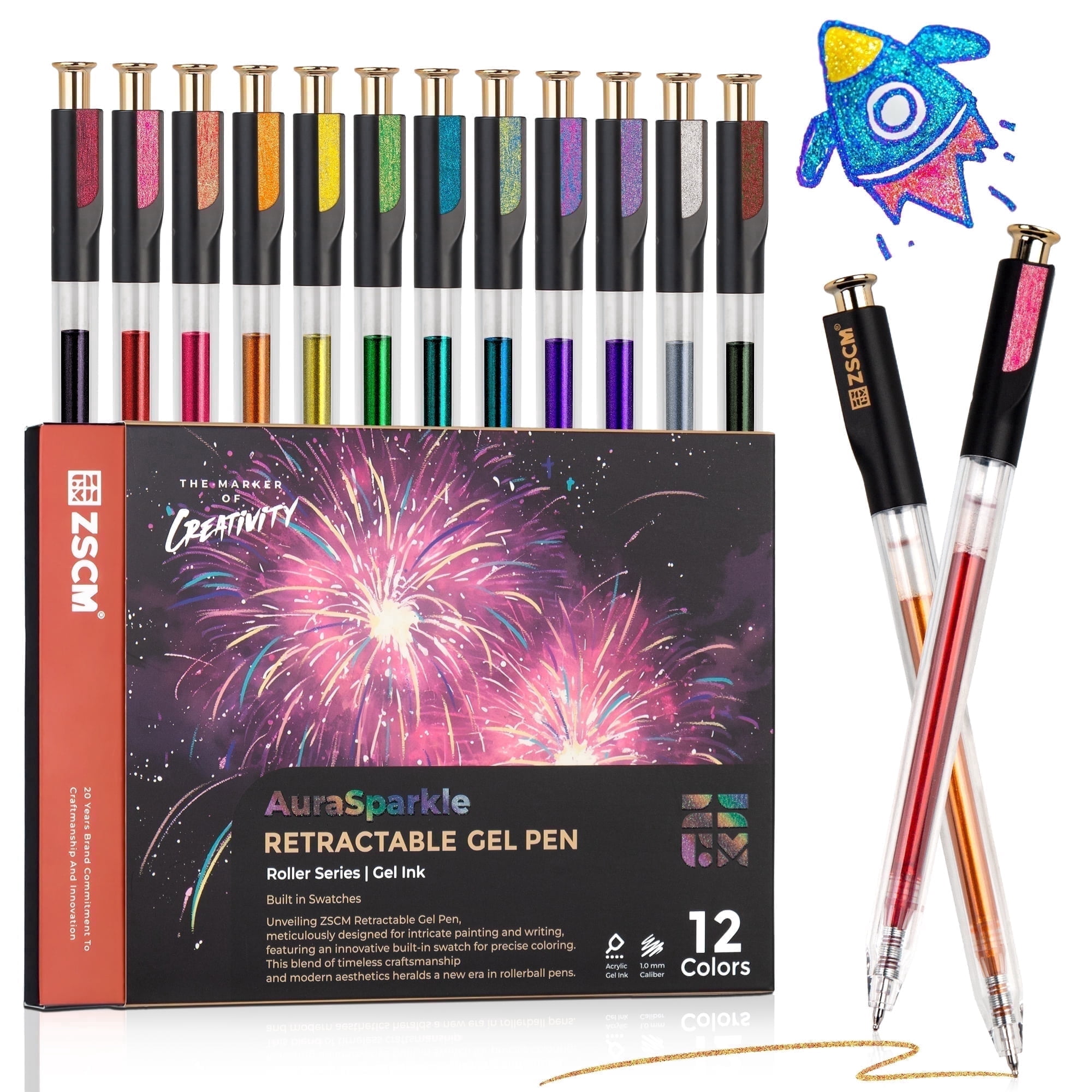 Retractable Super Glitter Gel Pens, 12 Colors Large Capacity Metallic Sparkle Gel Ink Pen for Adult Coloring Book Note Taking Aesthetic Art Supplies