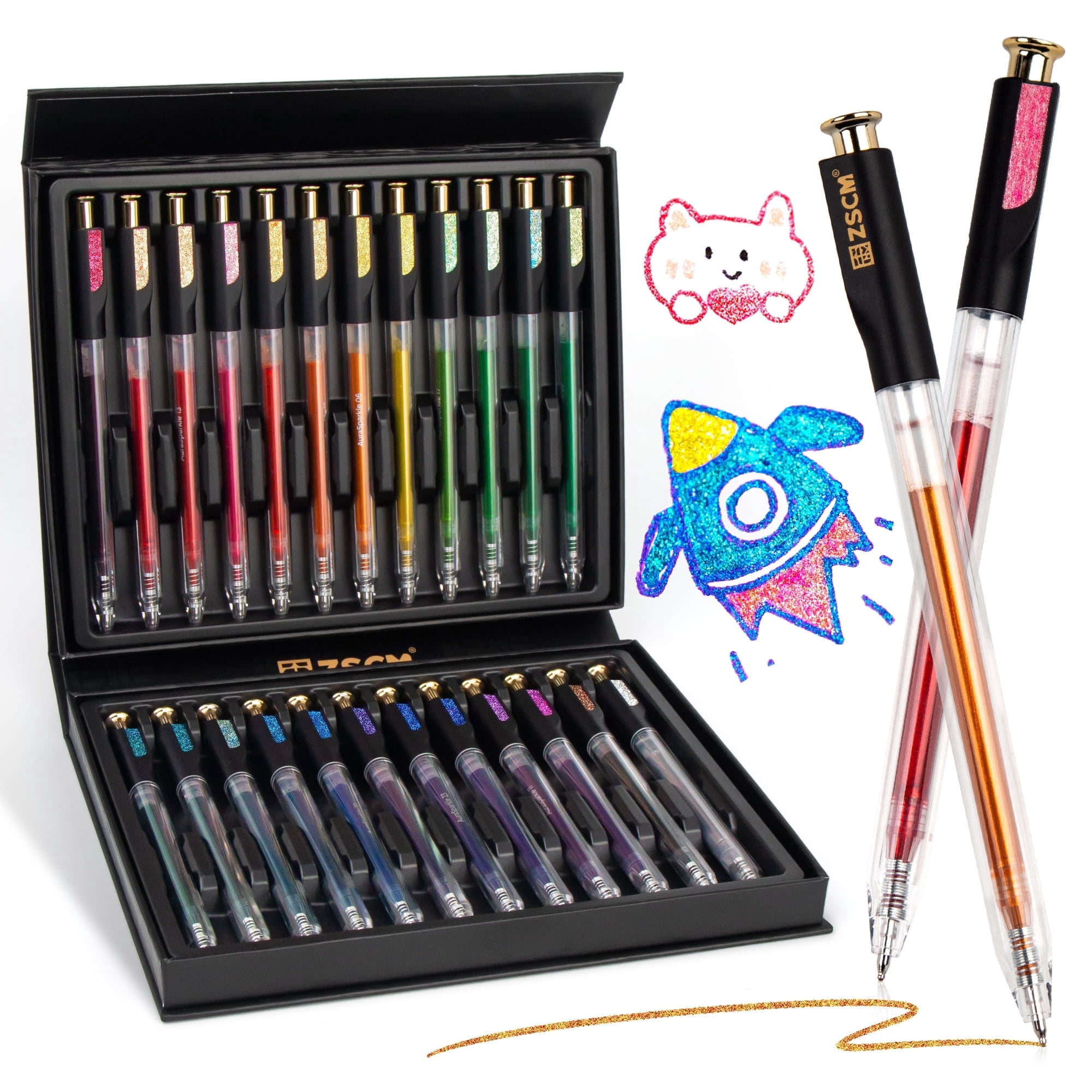 Retractable Super Glitter Gel Pens, 24 Colors Large Capacity Metallic Sparkle Gel Ink Pen for Adult Coloring Book Note Taking Aesthetic Art Supplies