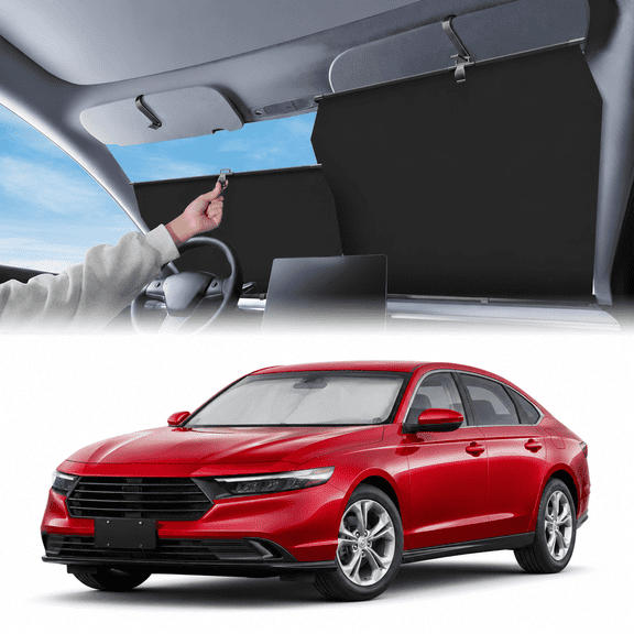 Retractable Windshield Sun Shade, 99% UV Protection, Dual-Panel Car Sunshade with Adjustable Rod and Suction Cup Mounts, 57.1 x 43.3 in