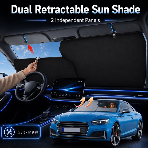 Retractable Thickened Windshield Sunshade for Cars; Dual-Panel Front Window Sunshade with Suction Cup Mounts; Adjustable Sun Visor Cover for Sedans, SUVs, and MPVs; (L: 57.09 * 43.3 inches)