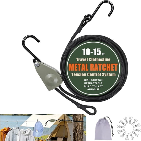 Retractable Travel Clothesline, Heavy Duty Pulley Clothes Line, Clothes Drying Bungee Cords with Clips, Portable Laundry Line for Outside Camping, RV, Cruises, Indoor Backyard