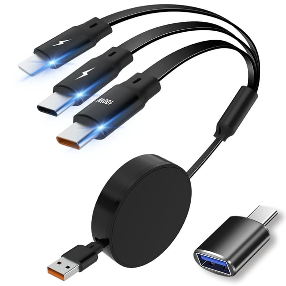 Retractable USB C Cable 5A/100W Multi Charging Cable 3-in-1 Fast Charger Cord for iPhone, iPad, Android, Tablet, Laptop, Travel Essentials, Up to 5.5FT Adjustable Length