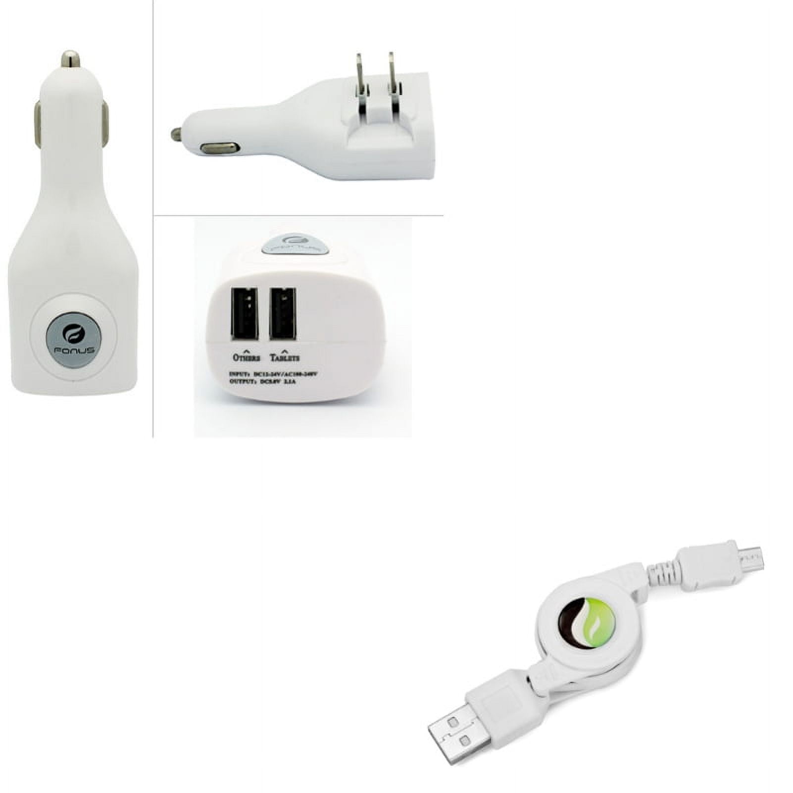 Retractable USB Cable w 2-Port USB Car Home Charger E1Y for LG Tribute HD, K20 Plus, Optimus L90, X Charge, G Stylo, Dynasty, Fuel, Flex 2, F7 F60 F3 Exceed 2, Exalt LTE, Access LTE, 5, Volt 2