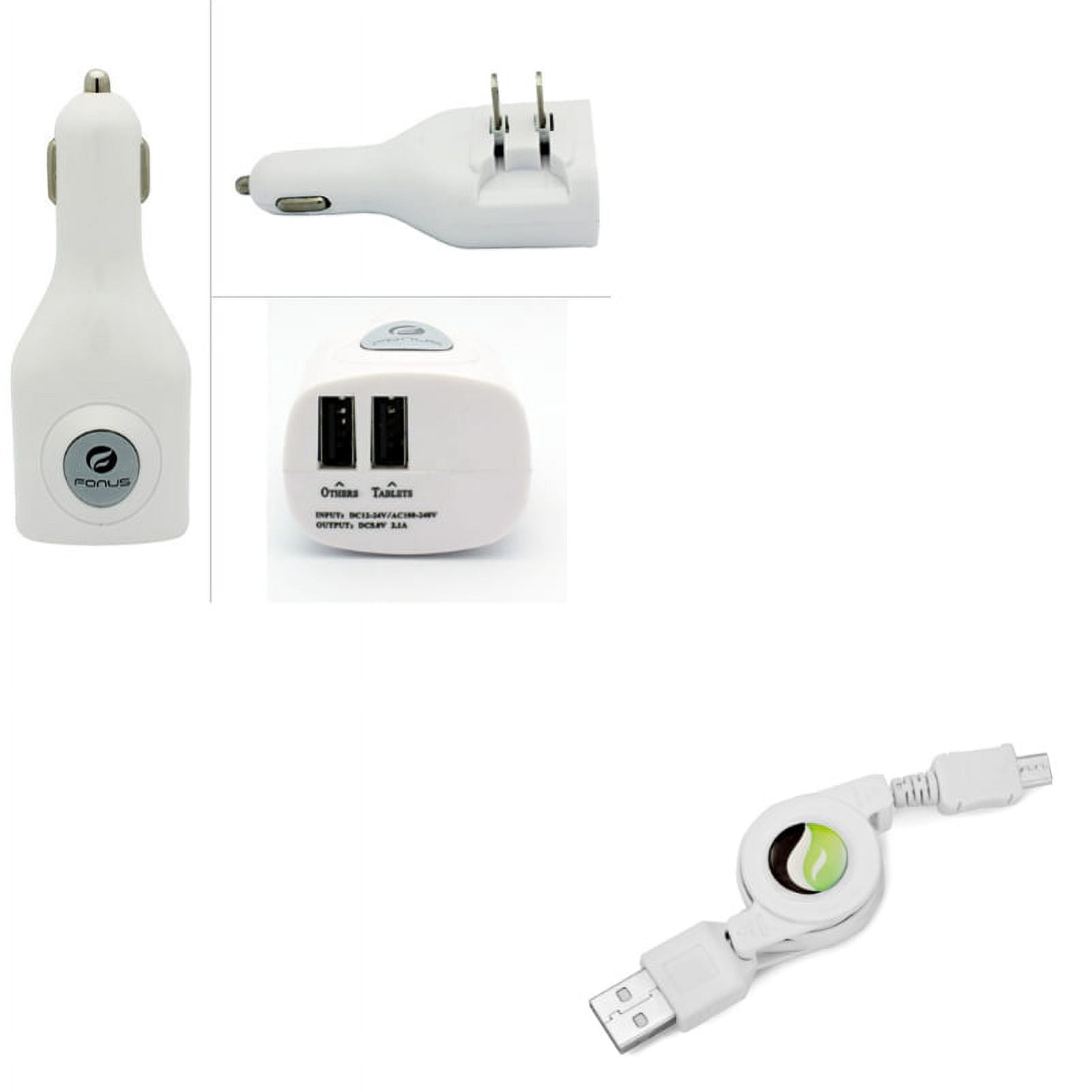 Retractable USB Cable w 2-Port USB Car Home Charger V7E for Alcatel Allura, REVVL, Onyx, Tru, Conquest, Tetra, Streak, Flint, Verso, Dawn, Elevate, Pop Star Nova, Fierce XL, Jitterbug Smart