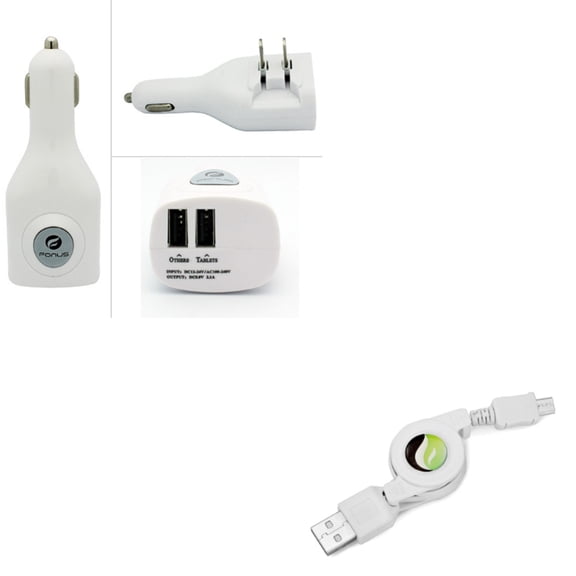Retractable USB Cable w 2-Port USB Car Home Charger Z9V for LG Logos, K10 K30, Sunrise, G3, Volt, K3, Harmony, Lucky, Leon, K8, Fortune, Realm, G4, Aristo, Risio, Treasure, X Venture