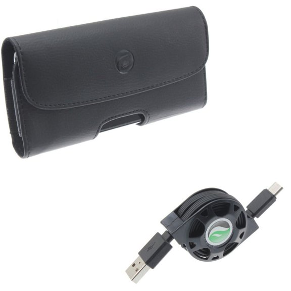 Retractable USB Cable w Leather Case Belt Clip for Samsung Galaxy S10 Plus - Type-C Charger Power, Holster Cover Loops G9A