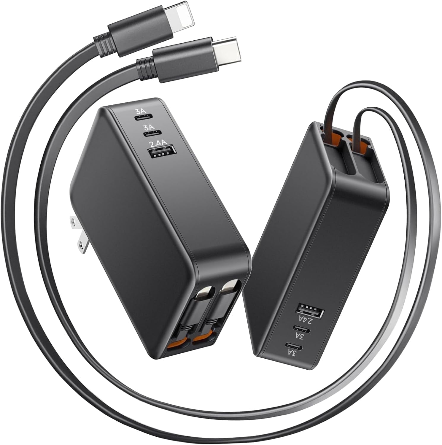Retractable Phone Charger, 65W Type C Fast Charger with 3.9ft Dual Cables and Three Ports, 5-in-1 Retractable USB C Charger with Foldable Plug for Home/Travel/Office