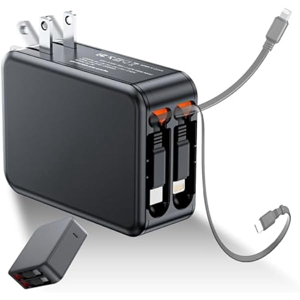 Retractable Wall Charger with Dual Cables,3 in 1 PD 62W USB C Fast Charging with Foldable Plug for iPhone 16/15/14/13/12/11 Series, Pad, LG, Samsung and More