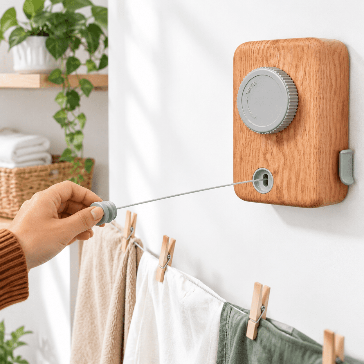 Retractable Wall Mounted Clothesline, Wood Max, 16.4 ft, Indoor Outdoor ...