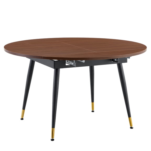 Retractable Walnut Grain MDF Dining Table, Smooth Surface with Black Metal Legs, Modern Home Kitchen Table