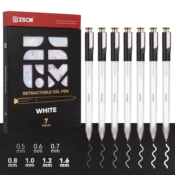 Retractable White Gel Pen, 7 Nib Sizes - Precision Large Capacity Opaque White Archival Gel Ink Pens for Black Paper Note Taking Art Supplies 