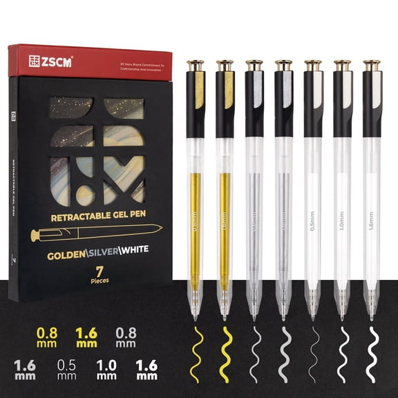 Retractable White Gold Silver Gel Pen, 7 Nib Sizes - Precision Large Capacity Opaque Archival Gel Ink Pens for Black Paper Note Taking Art Supplies