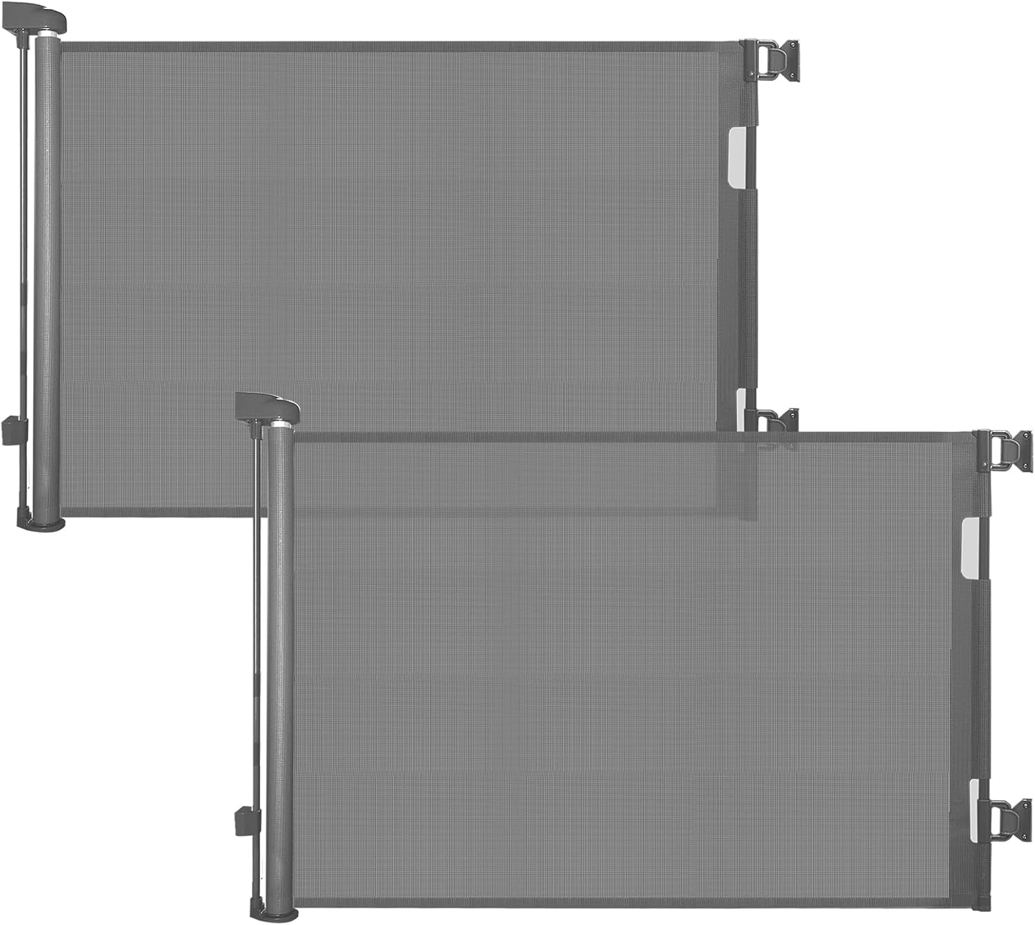 Retractable baby safety gate – width adjustable up to 55 inches – child and pet safety barrier – easy installation, safety latch, grey mesh fabric, suitable for both indoor and outdoor use.