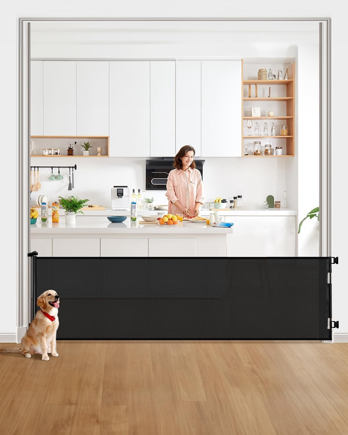 Retractable baby safety gate – width adjustable up to 55 inches – child and pet safety barrier – easy installation, safety latch, grey mesh fabric, suitable for both indoor and outdoor use.