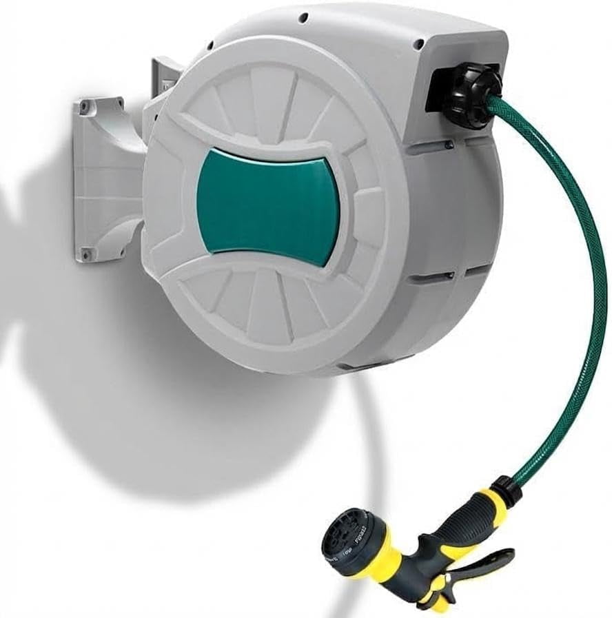Retractable garden hose reel 1 2 inch 82 ft wall mounted 180 degree swivel auto rewind anti kink pvc hose with 8 pattern nozzle for watering car wash pet bath 25 meters