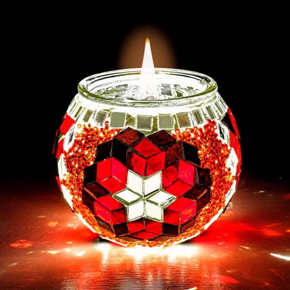 Retrago Mosaic Candle Holder Red Handmade Colorful Glass Tealight Candle Holder, Votive Candle Holder for Gift, Aromatherapy, Decor Glass Candle Holder
