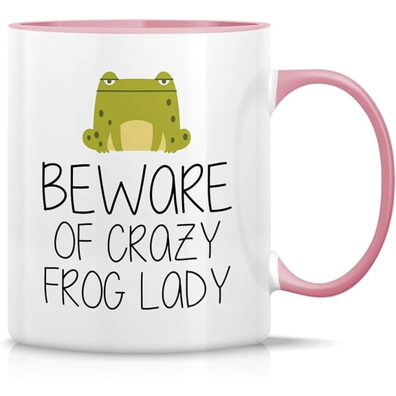 Retreez Funny Mug- Beware of Crazy Frog Lady 11 Oz Ceramic Coffee Mugs- Funny, Sarcasm, Sarcastic, Motivational, Inspirational Birthday Gifts- White Mug with Pink Handle And Inner