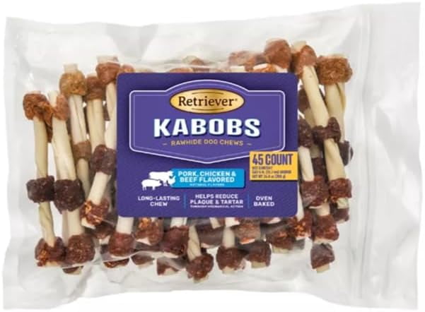 Quality Retriever Pork Chicken and Beef Flavor Rawhide Kabobs Dog Chew Treats, 45 ct. Medium