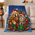 thumbnail image 1 of Retriever and Tabby Cat with Present Box, Cheerful Holiday Style for Pet Lovers, Cozy Christmas Snow Scene, Flannel Blanket for Family Room and Bedroom, Christmas Gift and Festive Home Decor, 1 of 9