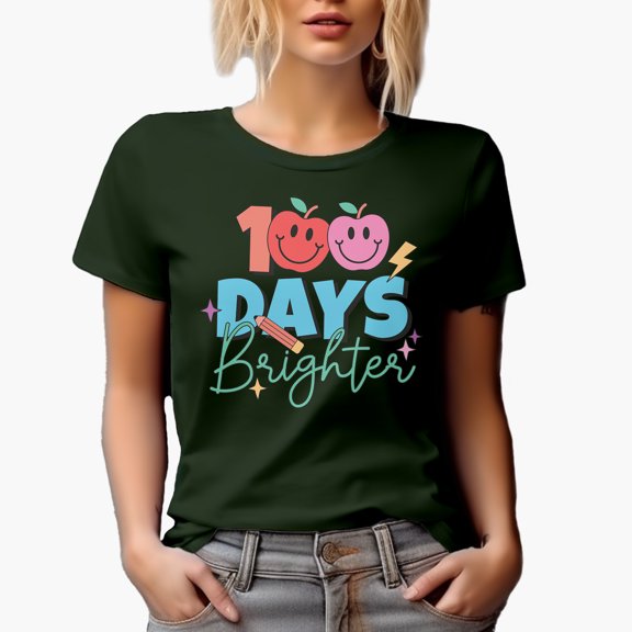 Retro 100 Days Brighter with Apples, Back-To-School Gift, Military Green T-Shirt, Medium