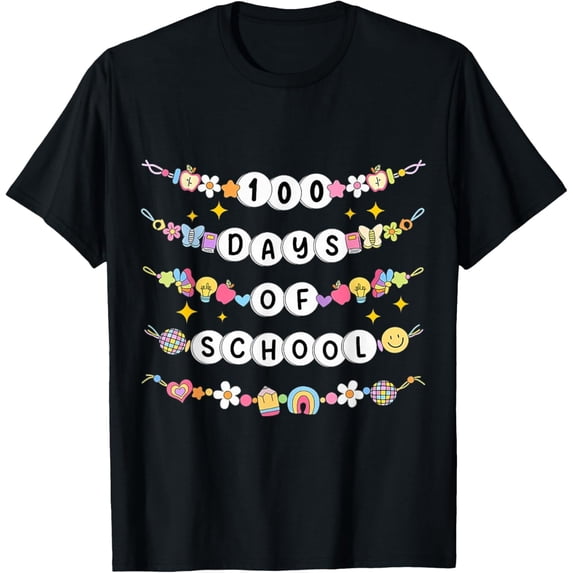 Retro 100 Days of School Graphic Tee Happy Student Teacher Celebration Shirt Colorful Bead Design Short Sleeve Top